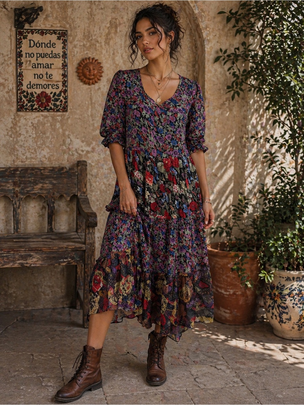Bali Purple Multi Floral Tiered 1/2 Sleeve Midi Rayon Dress Size Large